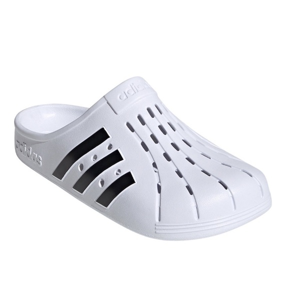 )NWT) Adidas Adilette Unisex Clogs in White & Black, (10 Women’s) (9 Men’s) - Picture 1 of 17